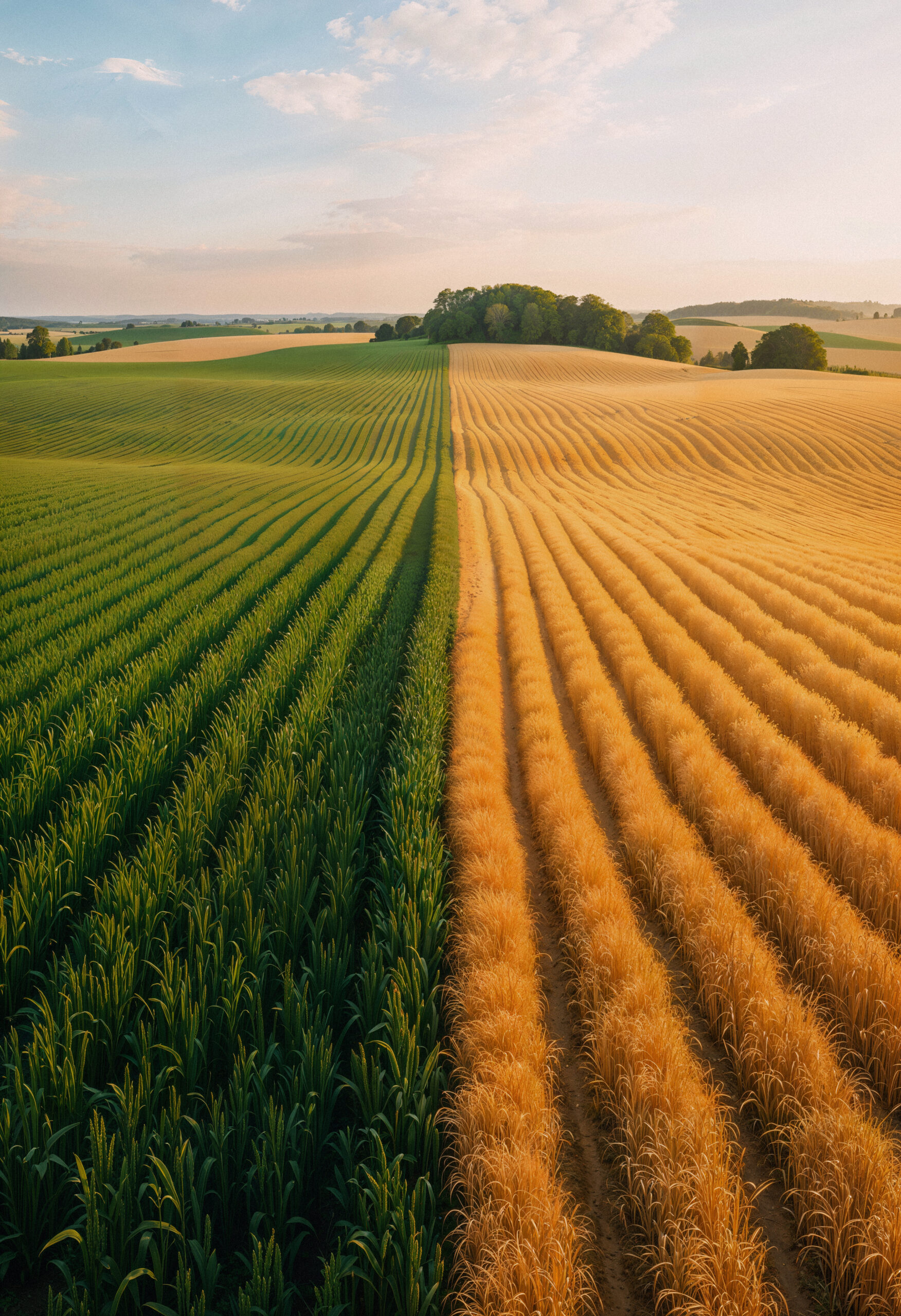 divided-field-green-yellow-crops-bright-sky